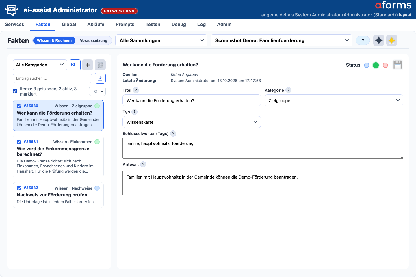 Fakten-Maske in der Sicht Wissen und Rechnen mit Servicefilter, Wissensliste, Mehrfachauswahl, Download-Symbol rechts neben der Suche, Statusaktion und Detailbereich
